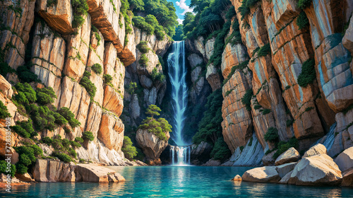 Breathtaking cascading waterfall cove in a idyllic tropical island paradise with crystal clear blue water pool - high fractured rock cliff walls with warm midday sunlight.