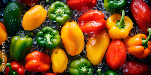 A variety of colorful peppers are on a black surface.   Green yellow and red paprika in kitchen table professional advertising food   