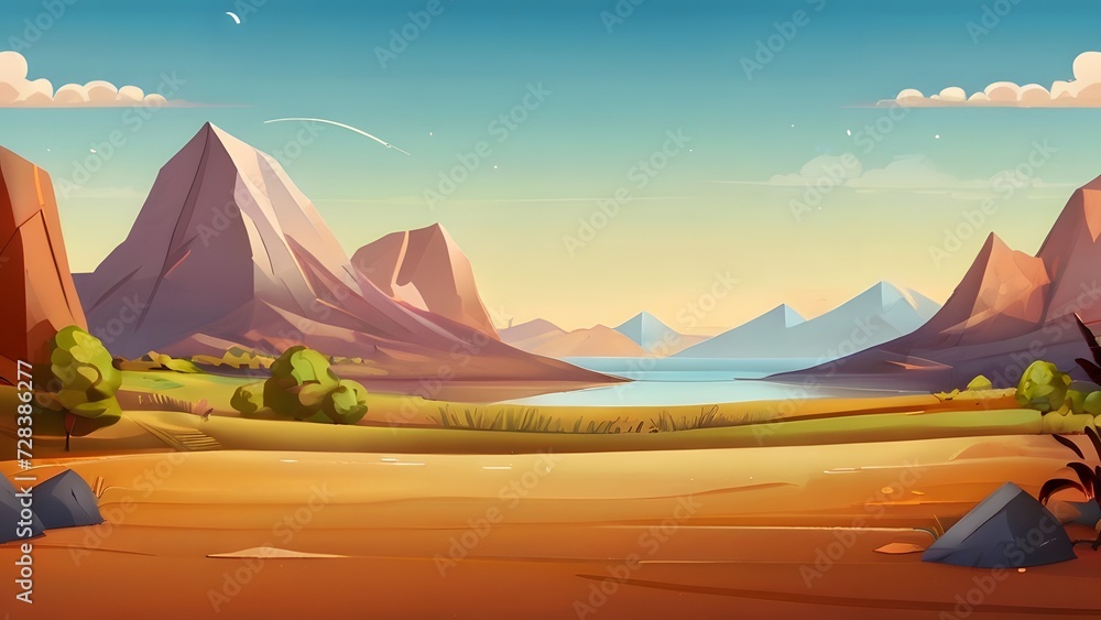 Landscape with mountains and lake. Cartoon style