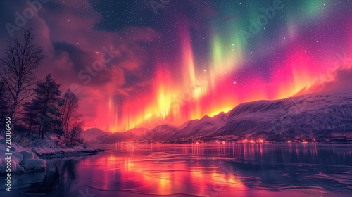 Mesmerizing hues dance across the night sky, casting a vibrant reflection upon the tranquil lake, as a winter wonderland surrounds the glowing aurora above © mendor