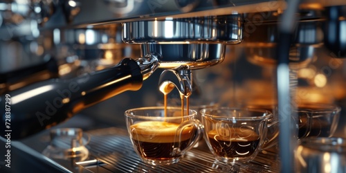 Espresso machine in action, brewing a cup of coffee. Perfect for coffee lovers and coffee shop themes