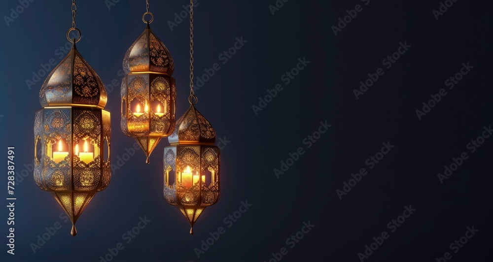 Islamic ramadan kareem background design template with 3d realistic golden lantern lined up on blue background Islamic ramadan kareem background design template with 3d realistic golden lantern lined up on blue background