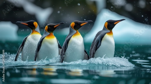 A regal group of penguins, including the majestic king, adaalie, and emperor, stand tall in the shimmering water, their beaks poised for swimming, embodying the beauty and resilience of aquatic birds