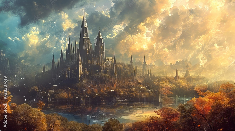 Digital illustration of a landscape with a medieval fantasy castle - obrazy, fototapety, plakaty 