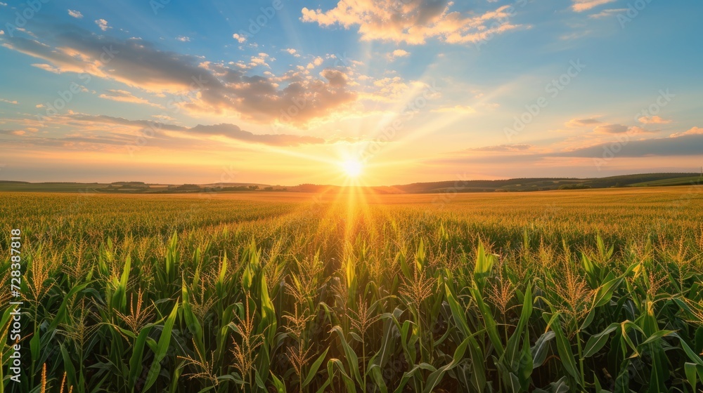 A beautiful sunset over a vast corn field. Perfect for agricultural or rural-themed projects