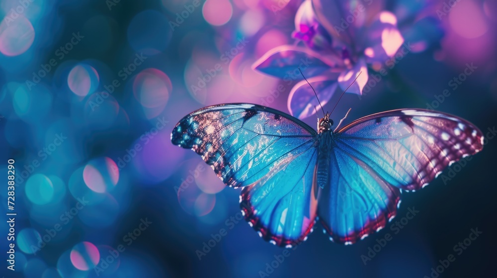 A beautiful blue butterfly perched on top of a vibrant purple flower. Perfect for nature enthusiasts or those looking for a touch of color in their designs A beautiful blue butterfly perched on top of a vibrant purple flower. Perfect for nature enthusiasts or those looking for a touch of color in their designs