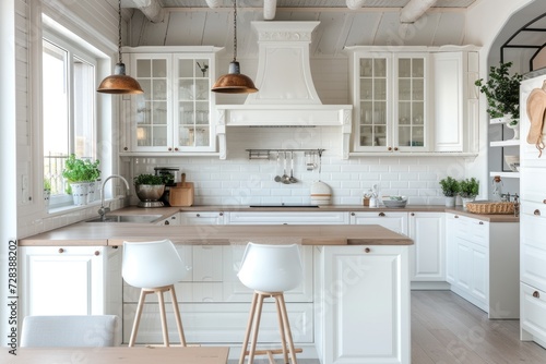 A picture of a kitchen featuring white cabinets and wooden countertops. Perfect for showcasing modern and stylish kitchen designs