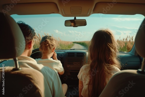 A group of people sitting in the back seat of a car. Suitable for depicting carpooling or road trips