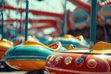 A row of brightly colored carousels at a lively carnival. Perfect for capturing the fun and excitement of a festive event.