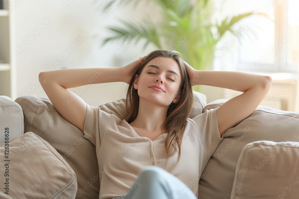 Young woman enjoying a relaxing moment on a couch, hands behind head, with a serene expression. Young woman enjoying a relaxing moment on a couch, hands behind head, with a serene expression.