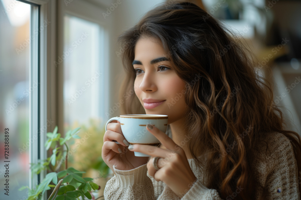 Smiling woman with wavy hair enjoys a warm cup by the window, the light casting a gentle glow on her face. Smiling woman with wavy hair enjoys a warm cup by the window, the light casting a gentle glow on her face.