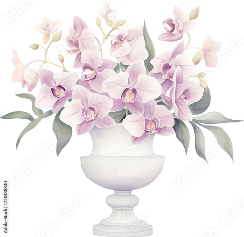 watercolor illustration centerpiece floral arrangement with lavender purple and ivory anorchids and green leaves in white classic vase on transparent background. wedding flower bouquet ornament.