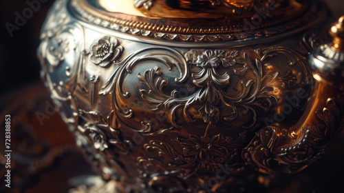 A close up view of a metal vase placed on a table. This image can be used for home decor, interior design, or floral arrangements