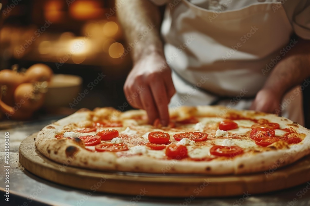 A person is shown cutting a pizza on a cutting board. This image can be used to depict food preparation or cooking