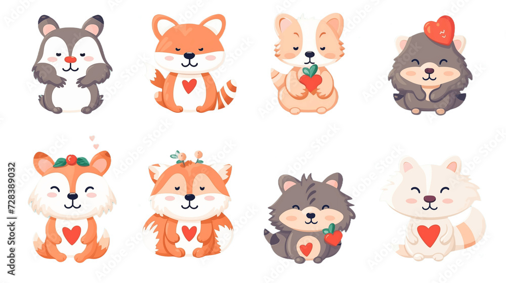 Adorable Cartoon Animal Illustrations with Heart Accessories