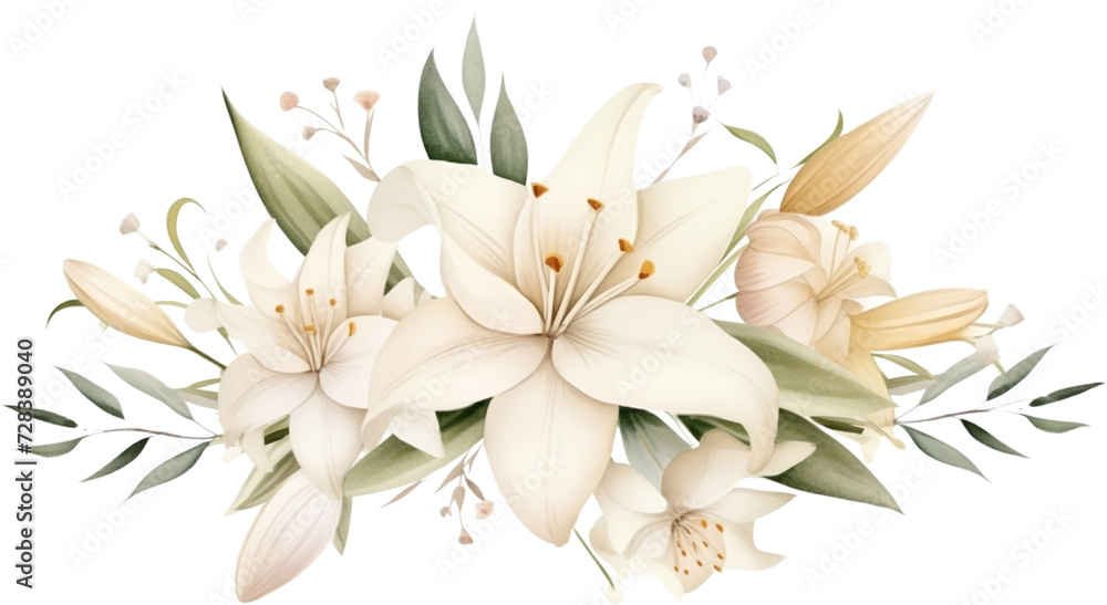 watercolor illustration decorative arrangement of flowers with ivory lilies, cream academia. green leaves and stem on transparent background. wedding flower bouquet ornament.