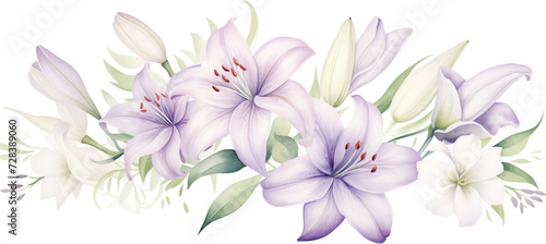 watercolor illustration decorative arrangement of flowers with ivory and purple lilies  cream academia. green leaves and stem on transparent background. wedding flower bouquet ornament.