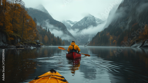 kayaking on the lake in mountains