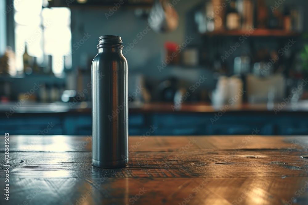 A bottle sitting on top of a wooden table. Perfect for showcasing beverages or creating a rustic atmosphere in your designs A bottle sitting on top of a wooden table. Perfect for showcasing beverages or creating a rustic atmosphere in your designs