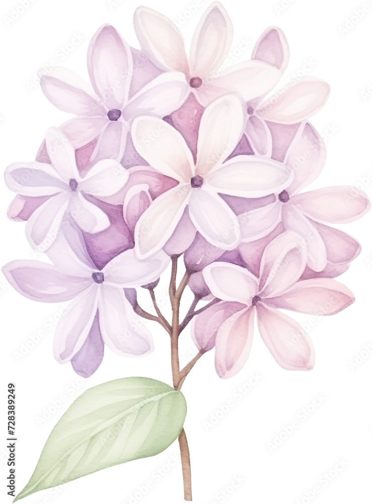 Fototapeta premium Watercolor illustration of purple lilac flowers with green leaves and stem on transparent background. Wedding flower.