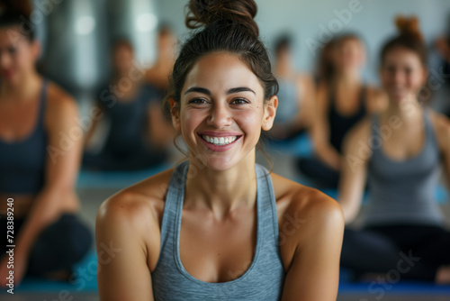 Free Download Athletic young brunette woman with a beaming smile during a yoga session, her engaging presence adds to the collective energy of the group workout. - GFXLoad