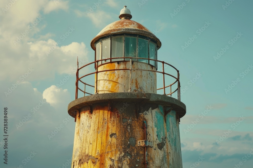 A picture of a rusted lighthouse tower with a cloudy sky in the background. Suitable for various uses