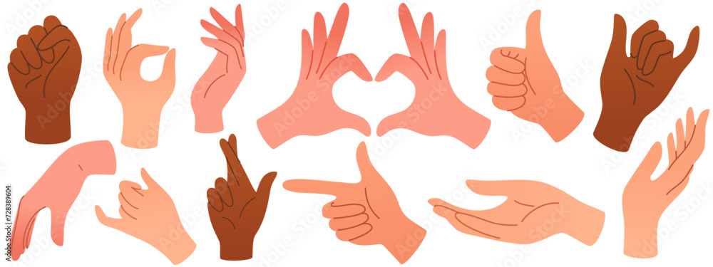 Fototapeta premium Set of hands in doodle style human arms. Vector different man woman hands showing peace sign, heart, thumbup isolated on the white background