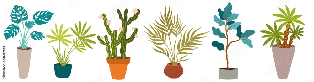 Fototapeta premium Urban jungle, trendy home decor with plants, cacti, tropical leaves in stylish planters and pots. Vector hand draw illustration