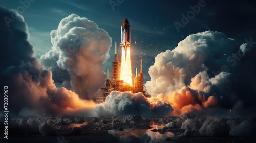 New Ship flies to another planet. Spaceship takes off into the starry sky. Rocket starts into space. Concept photo
