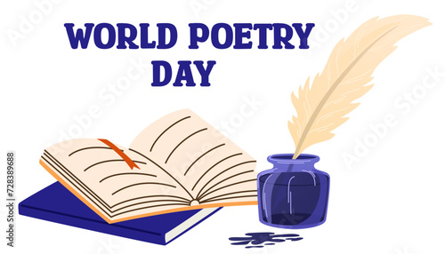 World Poetry Day, 21 March. Books and feather plume for immersion in ink. Banner of world poetry day good for world poetry day celebration. Flat design. flyer Design. Hand draw vector illustration.