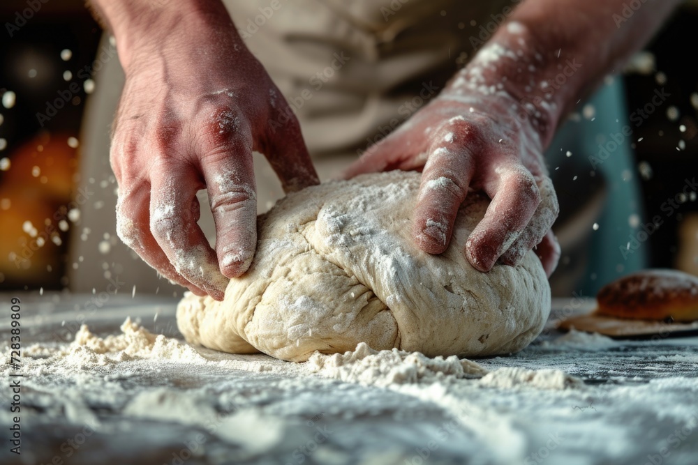 A person kneading a ball of dough on a table. This image can be used to illustrate the process of making homemade bread or baking