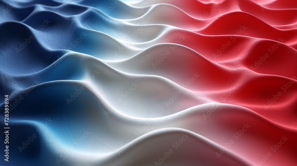 A 3D depiction of the French tricolor on a blank backdrop, flying proudly on a pole to commemorate national independence, representing the nation on rippling cloth. A 3D depiction of the French tricolor on a blank backdrop, flying proudly on a pole to commemorate national independence, representing the nation on rippling cloth.