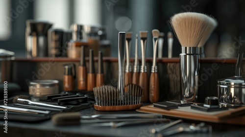 A collection of brushes neatly arranged on a table. Suitable for various creative projects