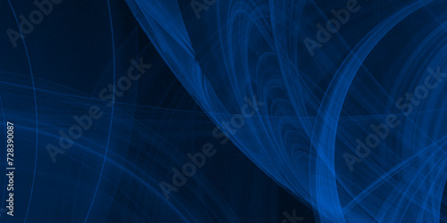 Dark blue plate with reflections. Abstract Banner Template with Blue wavy lines panorama of clean design. Textured dark blue light and laser beams, fractals, and glowing shapes. 