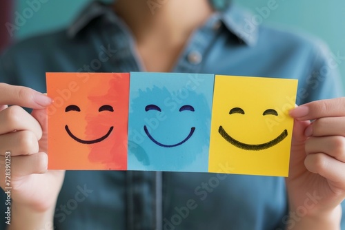 Happy Smiley Emoji laughing symbol Emoticon, colored Symbol sales forecasting. Smiling face feedback loop. Joyfull comfort big smile. animated character client rating and customer feedback photo