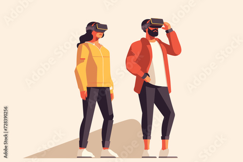People wearing VR headsets and experiencing virtual reality simulation