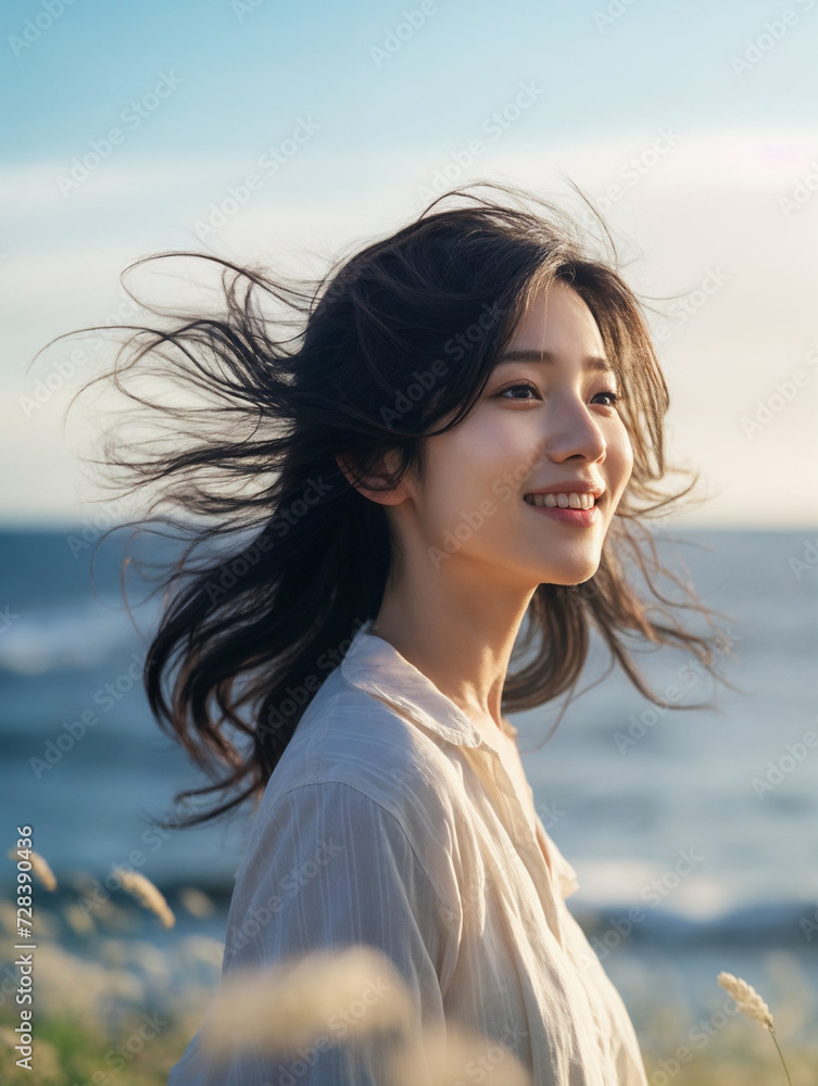 海辺に立つ笑顔の女性 海辺に立つ笑顔の女性