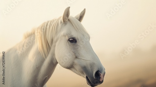 A close up view of a horse's face with a foggy background. Suitable for various uses