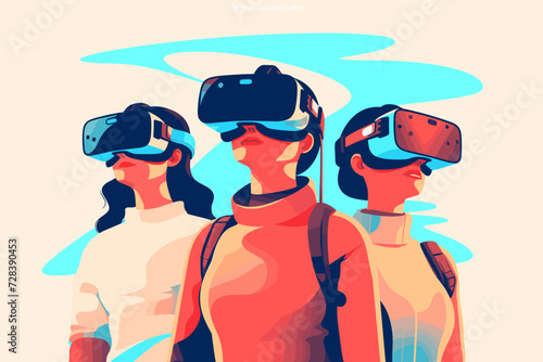 People wearing VR headsets and experiencing virtual reality simulation