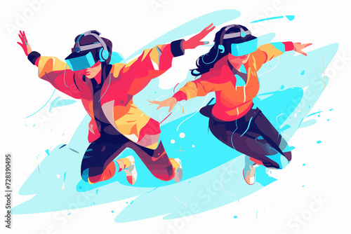 People wearing VR headsets and experiencing virtual reality simulation