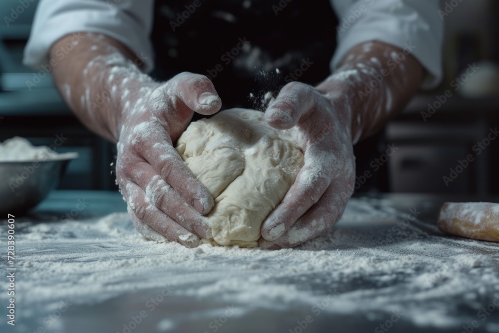 A person kneading a ball of dough on a table. Suitable for baking and cooking related projects