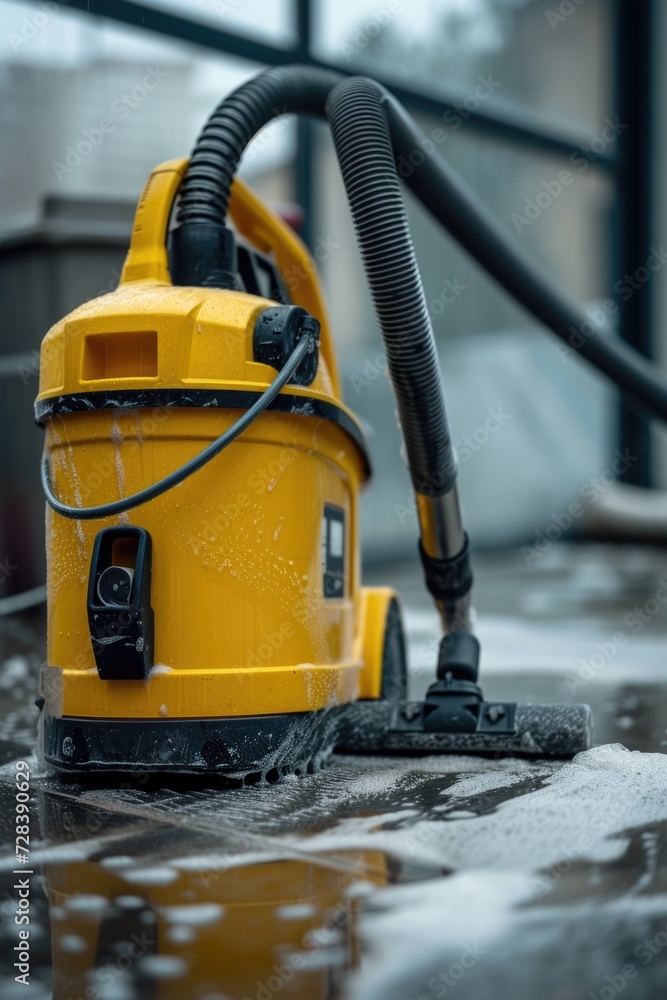 A yellow vacuum is shown on a wet surface. This versatile image can be used to depict cleaning, household chores, or maintenance tasks.