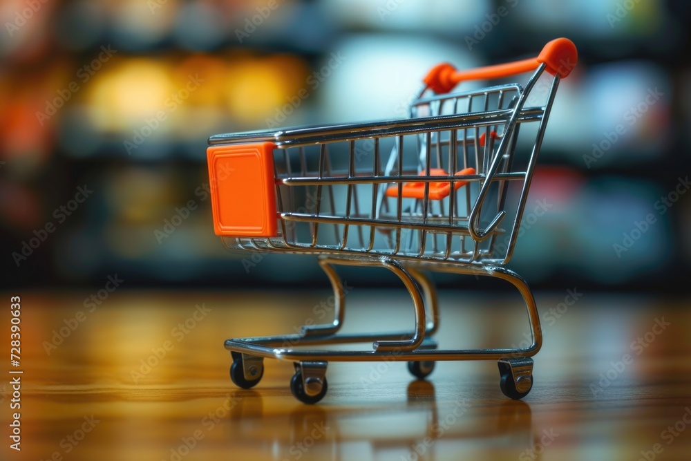 A miniature shopping cart placed on a wooden table. Perfect for showcasing retail, consumerism, or grocery shopping concepts A miniature shopping cart placed on a wooden table. Perfect for showcasing retail, consumerism, or grocery shopping concepts