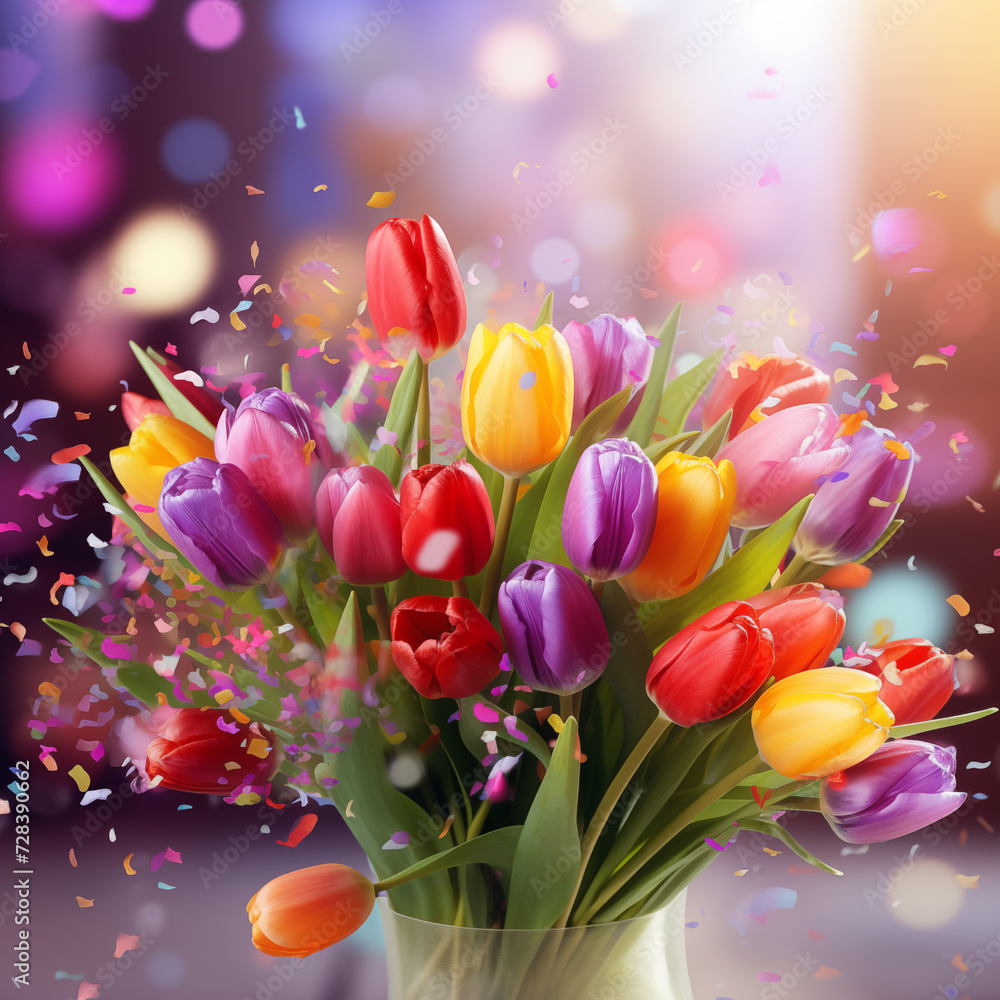 Bukiet kolorowych tulipanów. Kartka na dzień kobiet 8 marca. Piękny bukiet kwiatów na prezent. - obrazy, fototapety, plakaty 