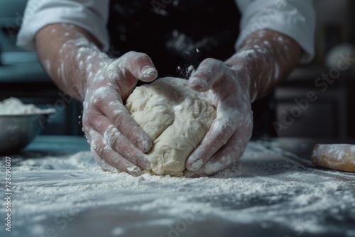 A person kneading a ball of dough on a table. Suitable for baking and cooking related projects