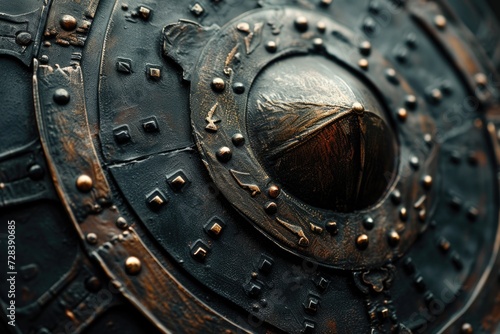 A detailed view of a metal shield with rivets. This versatile image can be used in various projects and designs