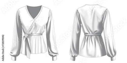 A stylish women's blouse with a wrap front and long sleeves. Perfect for both casual and formal occasions
