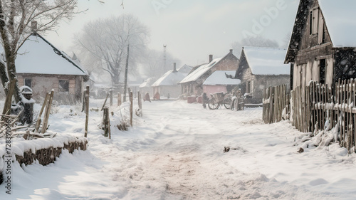 Humble wooden village, snow-covered, frigid.