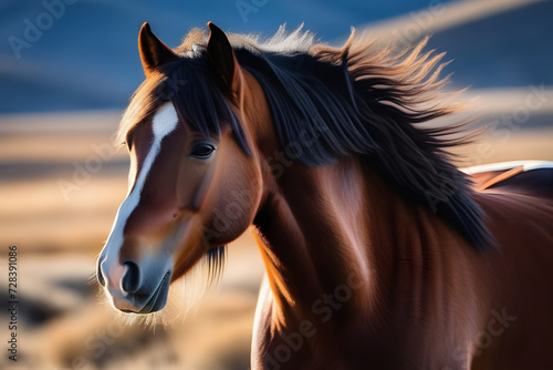 Beautiful Brown Horse in Golden Wheat Field at Sunset with Mountain Range in Background