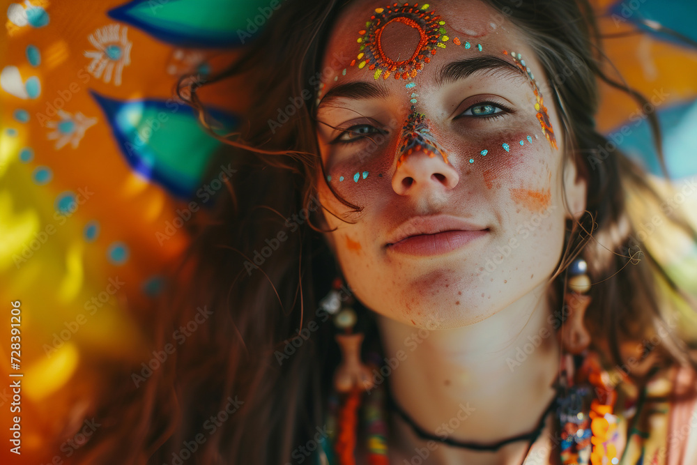 young caucasian hippie woman with colorful painted makeup, eclectic, earthcore style, close up portrait